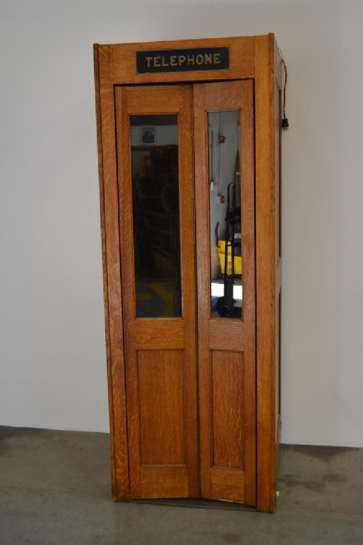 FULL SIZE VINTAGE OAK PHONE BOOTH W/ PHONE