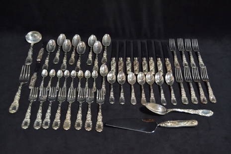 56 PCS CHRYSANTHEMUM TIFFANY STERLING FLATWARE SET: PLEASE SEE PHOTOS FOR MARKS