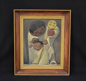 JEAN CHARLOT "THE STAFF" OIL ON CANVAS: 16X20 O/C DATED 1937--MARKED ON BACK "S.F. NO. 15 THE STAFF"