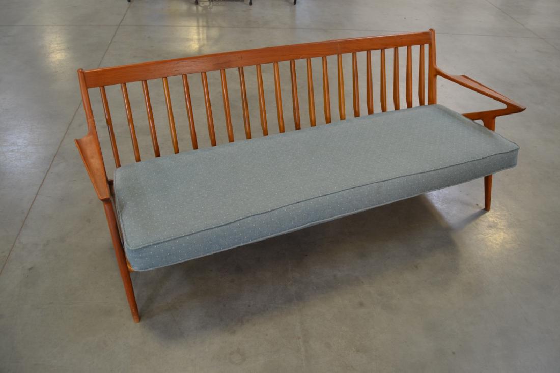 DANISH MODERN POUL JENSEN FOR SELIG Z TEAK SOFA: SIGNED SELIG WITH THE METAL TAG--HAS BEEN RECOVERED AT ONE TIME--FINISH IS GOOD--69" LONG