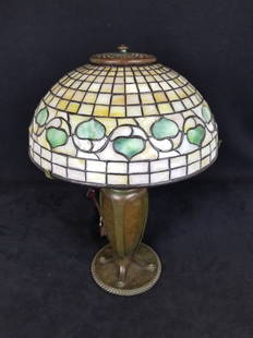 TIFFANY STUDIOS NEW YORK 23563 ACORN LEADED LAMP: HAS HEAT CAP--18" TALL WITH SHADE ON--12" DIAMETER SHADE--3 ARM BASE IS 12" TALL--SHADE AND BASE IS SIGNED--NICE PATINA--REWIRED