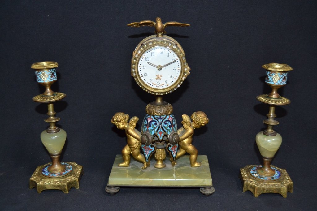 3 PC. FRENCH CHAMPLEVE & DORE BRONZE CLOCK SET (1 of 2)