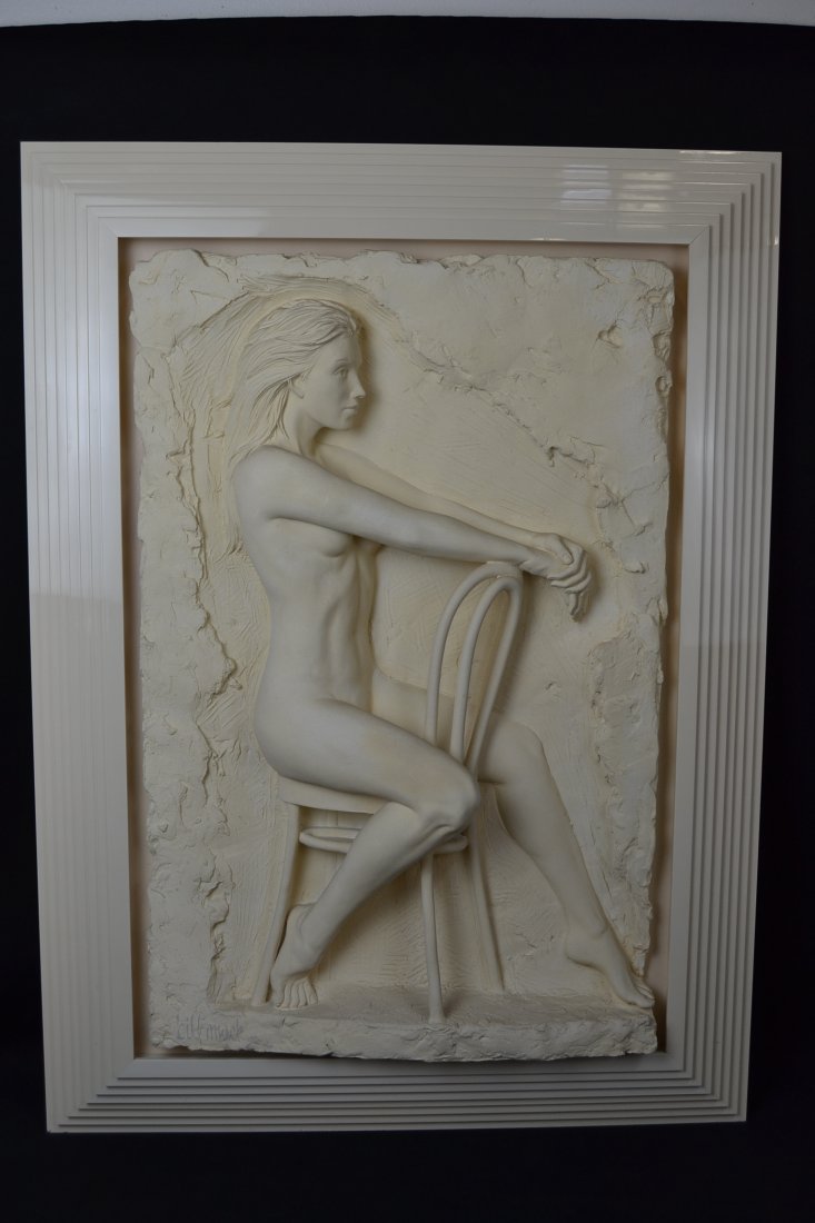 SIGNED BILL MACK "SOLITUDE" BONDED SAND SCULPTURE: FRAME IS 31 1/4" X 42 1/4"--SCULPTURE IS 21 1/2" X 32 1/2"--NUMBER 41 OUT OF 95--FEMALE NUDE ON CHAIR
