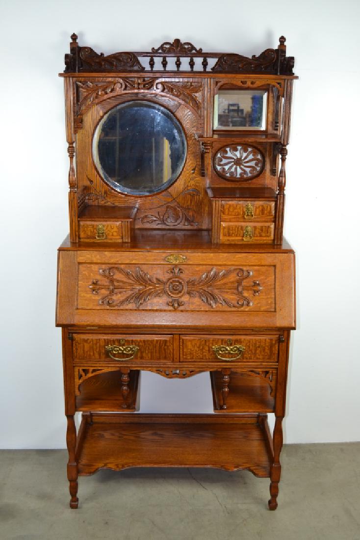 1900'S FANCY AMERICAN OAK LADY'S DROP FRONT DESK (1 of 4)