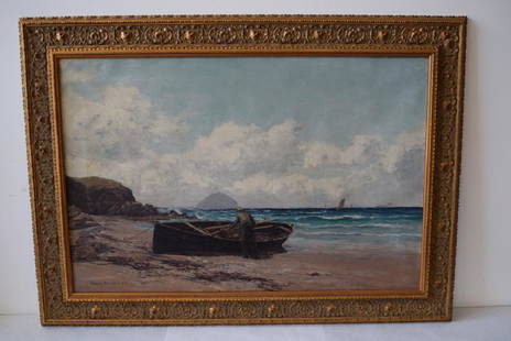 ANDREW BLACK O/C FISHERMAN WITH BOAT: 35 1/4" X 23 1/4"--SIGNED LOWER LEFT