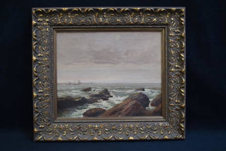 CHARLES FREDERICK WILLIAM MIELATZ O/C SEASCAPE: 16 1/4" X 13 1/2"--SIGNED LOWER RIGHT--HAS SHIPS