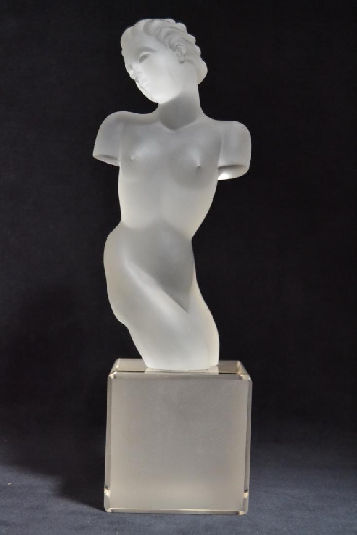 GLASS SCULPTURE OF VENUS BY ELEON VON ROMMEL: 11 1/4" TALL X 3 1/4" SQUARE BASE--APPEARS UNSIGNED