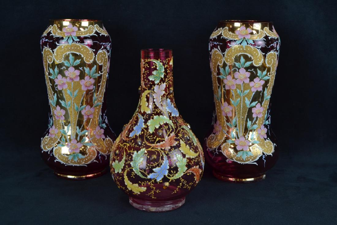 3 PCS VICTORIAN ENAMELED CRANBERRY GLASS VASES (1 of 3)
