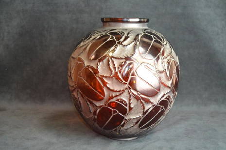 R. LALIQUE "GROS SCARABEES" AMBER GLASS VASE: 11 1/2" X 10 1/2" RENE LALIQUE "GROS SCARABEES'--MODEL INTRODUCED 1923--M P. 415 NO. 892--SCRIPT SIGNATURE R. LALIQUE & MOLDED R. LALIQUE--MINISCULE FLEABITE TO BASE