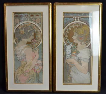 PAIR 1899 ALPHONSE MUCHA LITHOGRAPHS ON SILK: "LA PRIMEVERE" & "LA PLUMA"--BOTH ARE SIGNED AND DATED 1899--IMAGE SIZE 11" X 27 3/4"--BOTH HAVE CERIFICATES OF AUTHENTICITY FROM MERRILL CHASE GALLERY