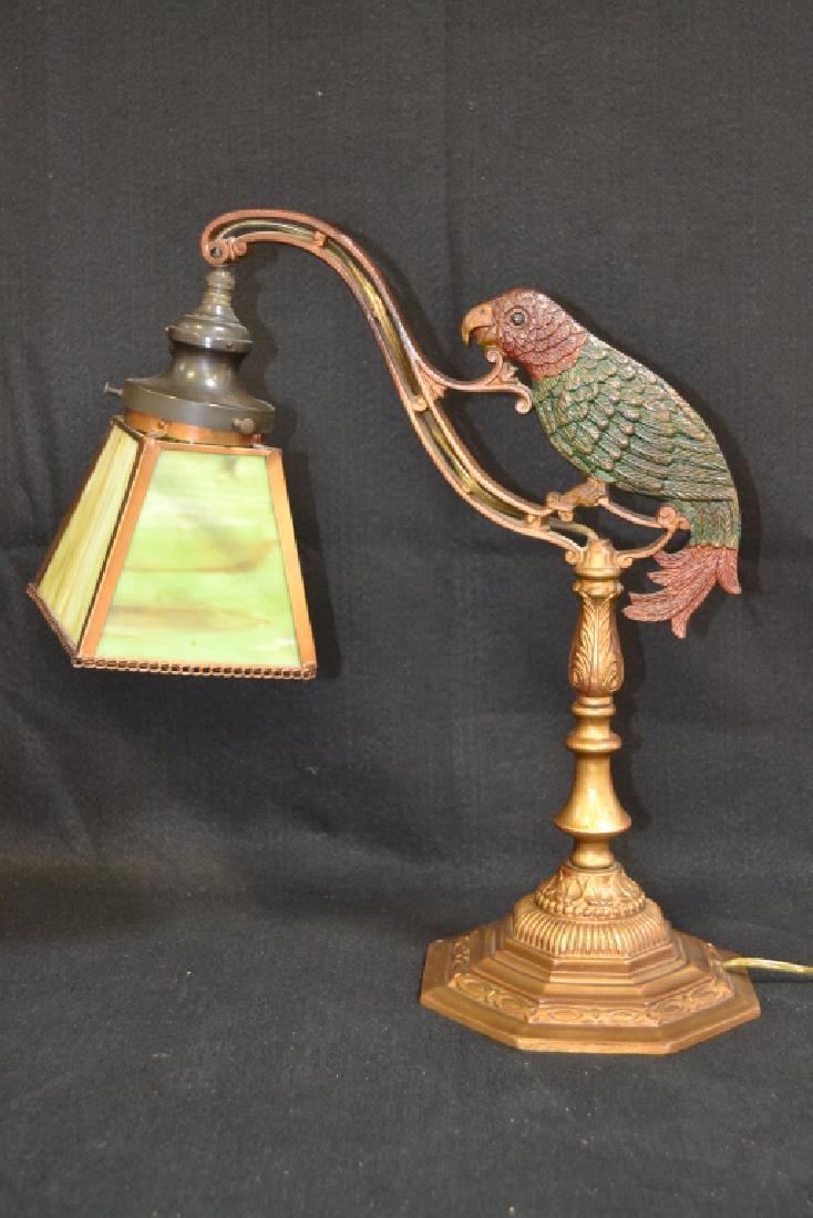 1920'S CAST METAL PARROT LAMP W/ SLAG GLASS SHADE (1 of 6)
