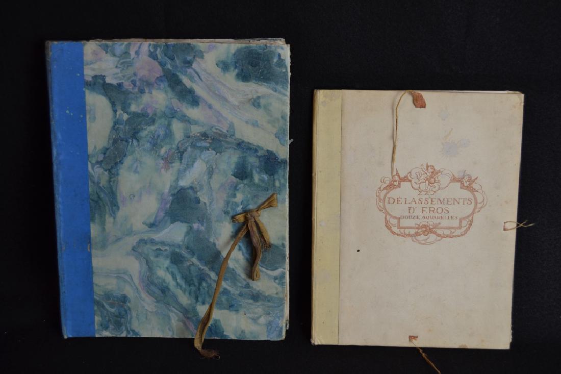 2 19TH & EARLY 20TH CENTURY FRENCH EROTIC BOOKS: "LES DELASSEMENTS D'EROS DOUZE AQUARELLES" BY GERDA WEGENER (11 IMAGES--PAPER SIZE 9 3/4" X 7 3/4")--DAMAGE TO PAPER ON 2 PRINTS--SECOND BOOK IS A PORTFOLIO "SANTIPPA/GEORGES HOFFMAN" (17 LITHOGRAPHS-