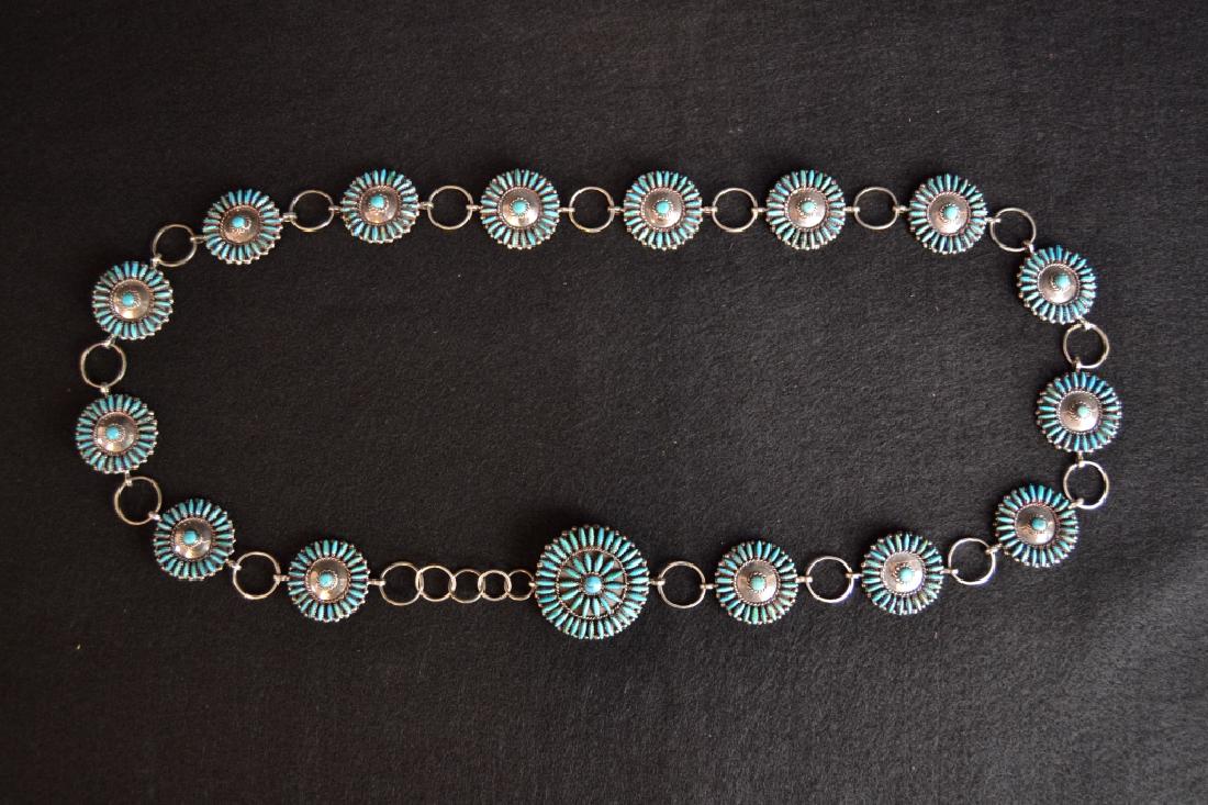 NATIVE AMERICAN STERLING & TURQUOISE CONCHO BELT: 44" LONG--SIGNED KN--MARKED STERLING