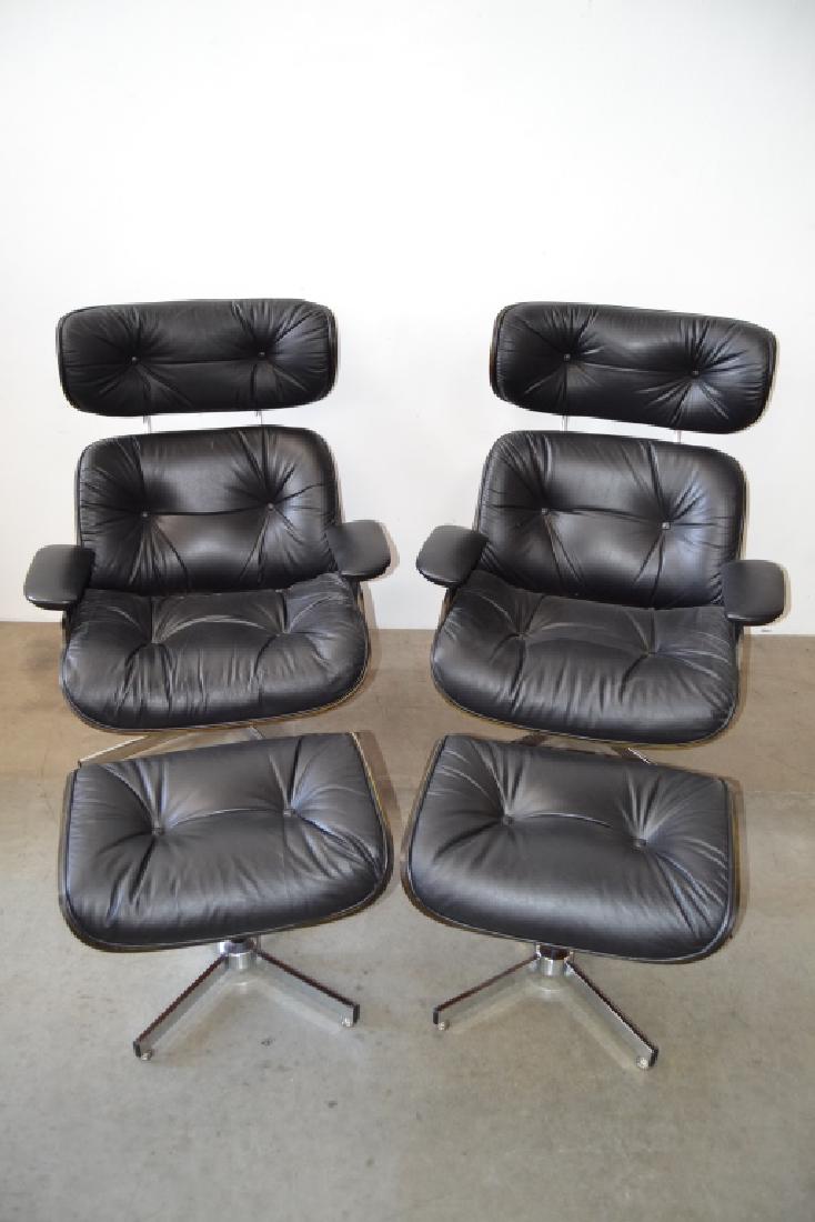 PAIR EAMES STYLE MID CENTURY LOUNGE CHAIRS: BY SELIG--BOTH HAVE OTTOMANS--TIFTED BLACK LEATHER, BENTWOOD & CHROME BASES
