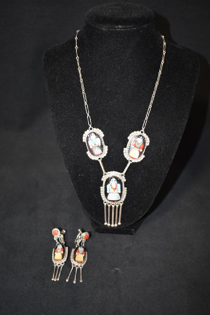 ZUNI NATIVE AMERICAN STERLING NECKLACE & EARRINGS: NECKLACE IS 11" LONG--EARRINGS ARE 2 1/2" LONG--THIS SET IS SIGNED ARP (AUGUSTINET ROSALIE PINTO)
