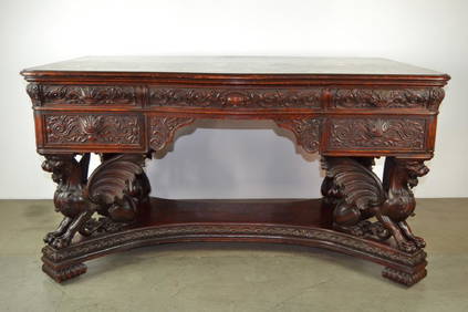 HEAVILY CARVED R.J. HORNER OAK WINGED GRIFFIN DESK (1 of 5)