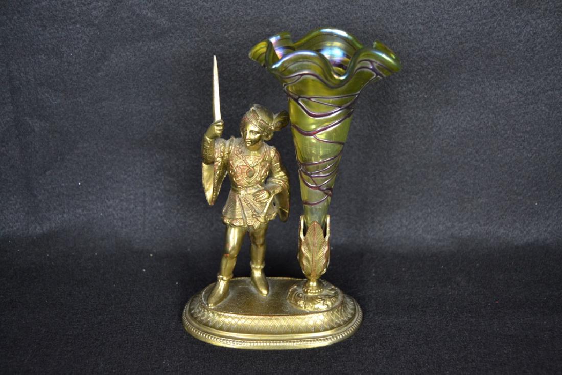 ANTIQUE BRONZE CAVALIER FIGURE WITH ART GLASS VASE: 8 1/2" TALL--LOOKS TO BE LOETZ BUT UNSIGNED
