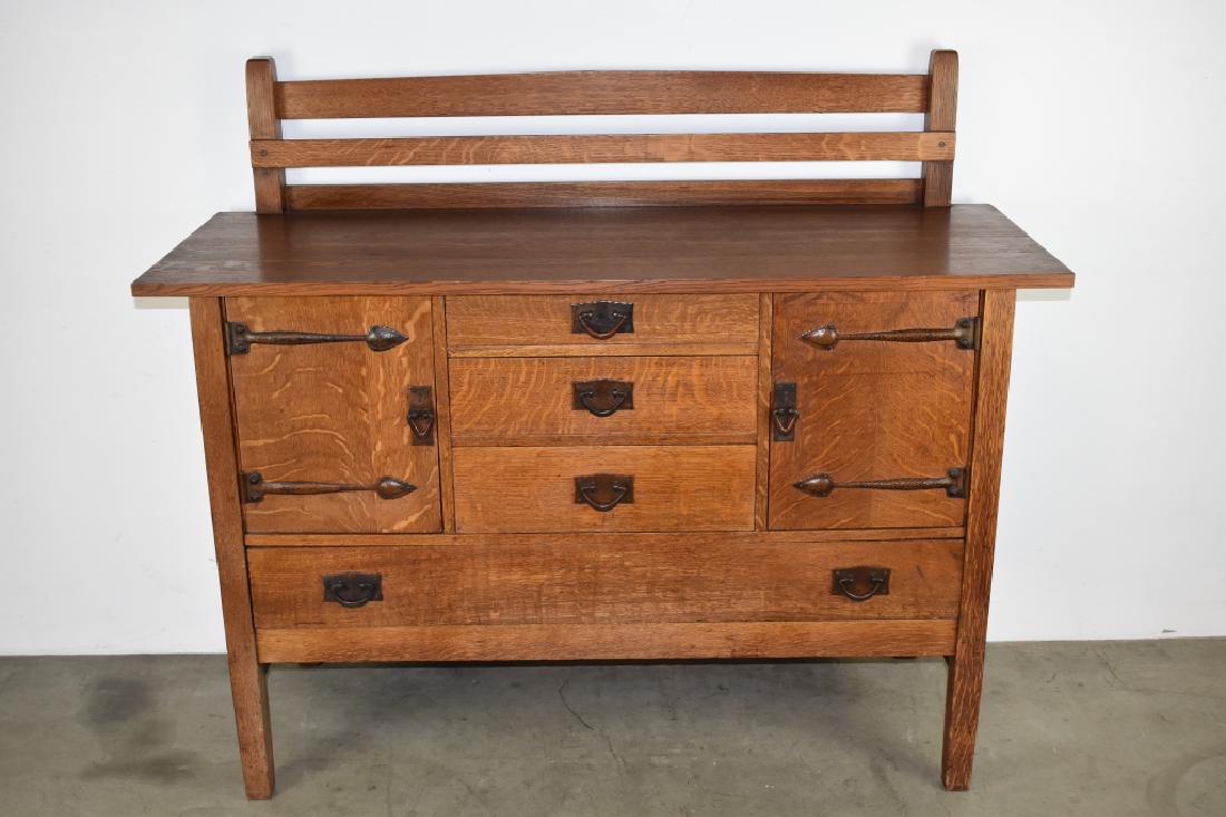 SIGNED GUSTAV STICKLEY #814 MISSION OAK BUFFET: 47 3/4" TALL X 56" WIDE--HAS A PLATE RACK OVER RECTANGULAR TOP W/ 3 DRAWER CENTER & SIDE CABINETS--RED "ALS IK KAN" STICKLEY MARK INSIDE DRAWER