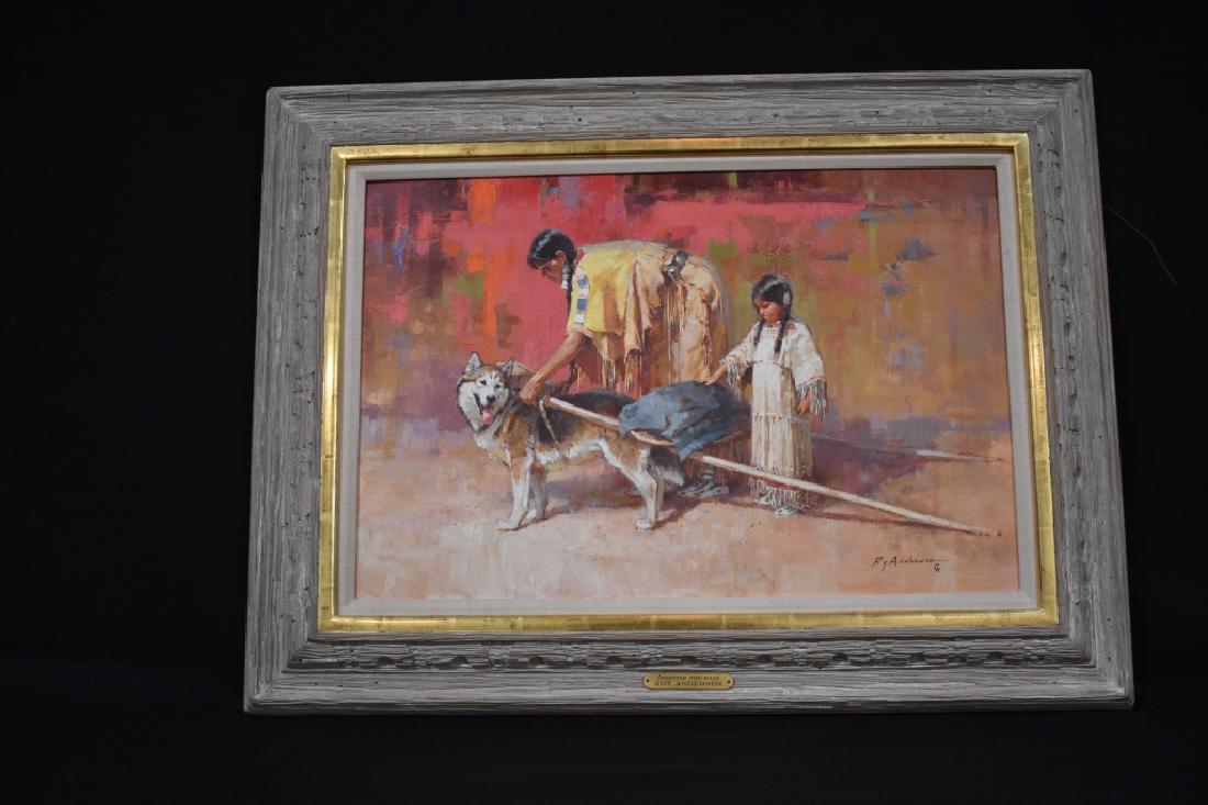 ROY ANDERSEN "LEARNING THE WAYS" OIL ON CANVAS: PAINTING IS 20" X 30"--SIGNED LOWER RIGHT--BRASS TAG ON FRAME--GALLERY LABEL ON VERSO