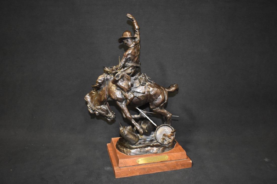 SIGNED FRED FELLOWS BRONZE COWBOY BRONZE: 14" TALL X 9 1/4" WIDE--TITLED "REARRANGING THE KITCHEN"--#17/100