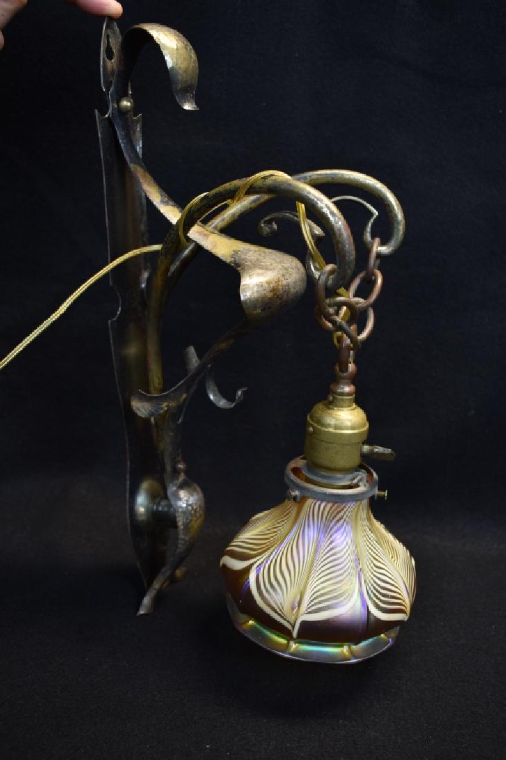 JAMES HINKS & SONS WALL SCONCE W/ QUEZAL SHADE: 15 1/2" TALL--HAS BEEN REWIRED--PATINA IS WORN--SHADE IS SIGNED QUEZAL AND IS IN GOOD CONDITION