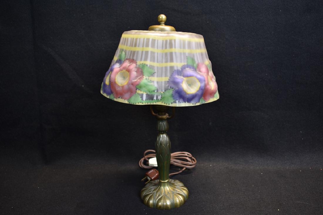 SIGNED PAIRPOINT FLORAL PUFFY BOUDOIR LAMP: 14 1/2" TALL--SHADE IS 8 1/2" DIAMETER--SIGNED INSIDE SHADE AND BASE