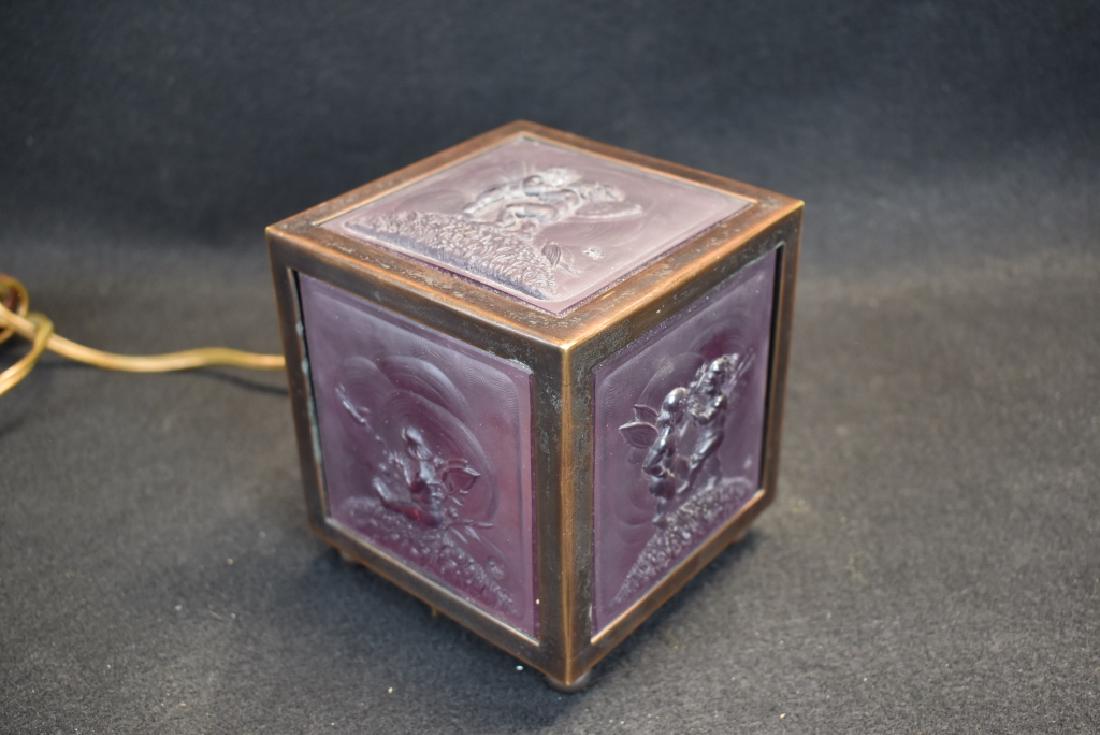 1930'S HEINRICH HOFFMAN FAIRY LAMP: 4 3/8" WIDE X 4 3/8" DEEP X 4 3/4" TALL--THIS CZECHOSLOVAKIAN GLASS LAMP HAS THE HOFFMAN BUTTERFLY STAMP ON EACH OF THE GLASS PANELS