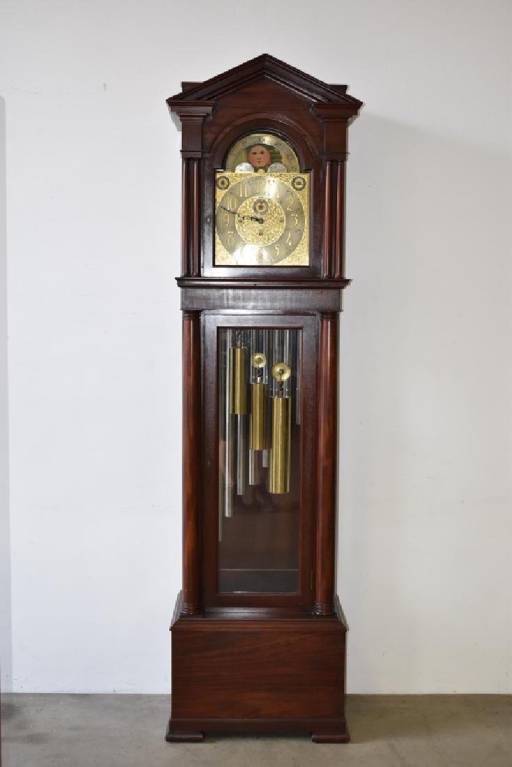 1900'S J.J. ELLIOT 9 TUBE GRANDFATHER CLOCK: 94" TALL X 26" WIDE X 17 1/2" DEEP--HAS 3 WEIGHTS--THE CASE IS MADE BY ROYAL FURNITURE COMPANY OF GRAND RAPIDS MICHIGAN--ALL CLOCKS ARE SOLD ASIS WITHOUT ANY GUARANTEES OF WORKING ORDER