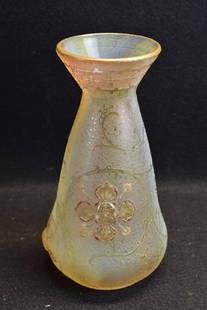 DAUM NANCY CAMEO GLASS WASP VASE: 8" TALL--HAS FLORAL VINE W/ WASP DECORATION--SIGNED ON BOTTOM DAUM NANCY W/ CROSS OF LORRAINE--GOOD CONDITION