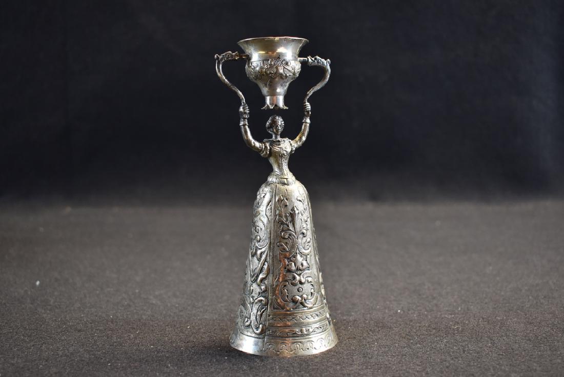 ANTIQUE SILVER FIGURAL WEDDING WAGER CUP: 6 1/2" TALL--HALLMARKED ON RIM