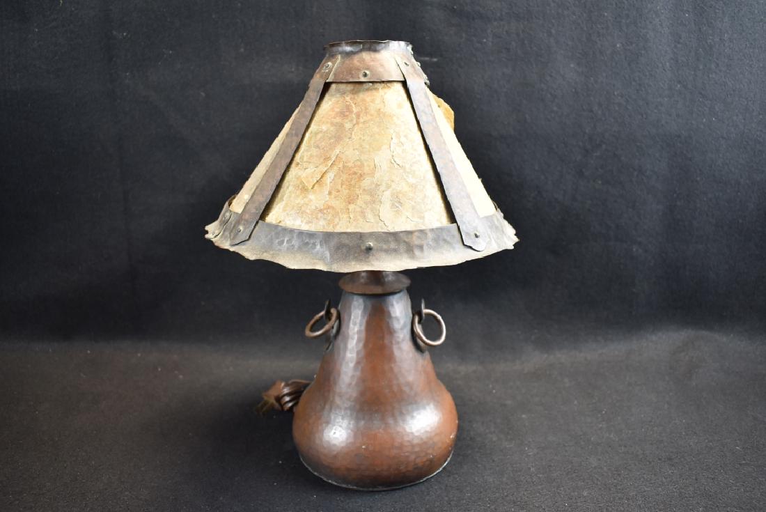 ANTIQUE ARTS & CRAFTS COPPER LAMP W/ MICA SHADE: 13 1/2" TALL--MICA IS FLAKING ON SHADE--APPEARS UNSIGNED