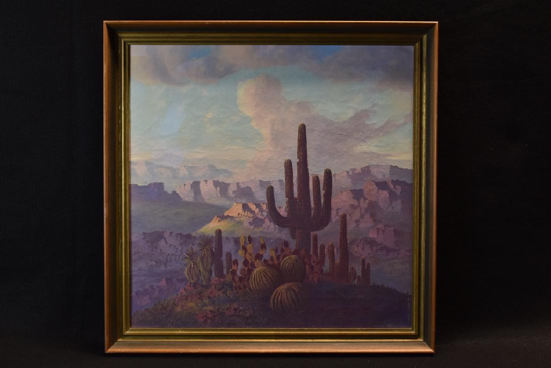 JACK VAN RYDER "SUPERSTITION MOUNTAINS" O/C: THIS DESERT LANDSCAPE IS 20" X 20"--UNSIGNED BUT HAS FULL PAPERWORK CORRESPONDENCE FROM THE ARTIST DOCUMENTING A DISPUTE OF PAYMENT FROM THE PERSON WHO COMMISSIONED THE PAINTING AS THE REASON FOR WHY