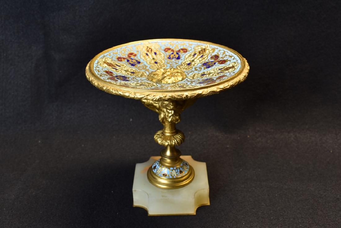 FRENCH CHAMPLEVE & BRONZE COMPOTE W/ ONYX BASE: 6 3/8" TALL X 6 3/8" DIAMETER--MARKED FRANCE ON BOTTOM--HAS NICE MYTHICAL FIGURE HOLDING UP THE COMPOTE