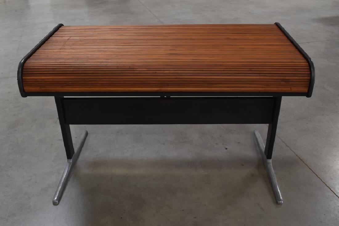 GEORGE NELSON FOR HERMAN MILLER ROLL TOP DESK: COMES WITH AN ALUMINUM GROUP HERMAN MILLER SWIVEL CHAIR (SEE PHOTOS)--DESK IS 54" WIDE X 29 3/4" DEEP X 33 3/4" TALL & IS MISSING IT'S 2 NARROW DRAWERS (HAS HERMAN MILLER TAG)