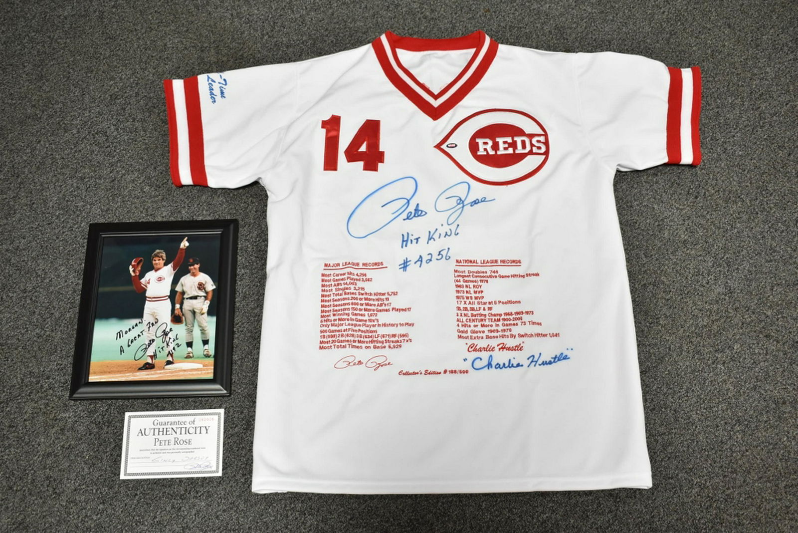 PETE ROSE SIGNED JERSEY AND PHOTO W/ C.O.A. (1 of 4)