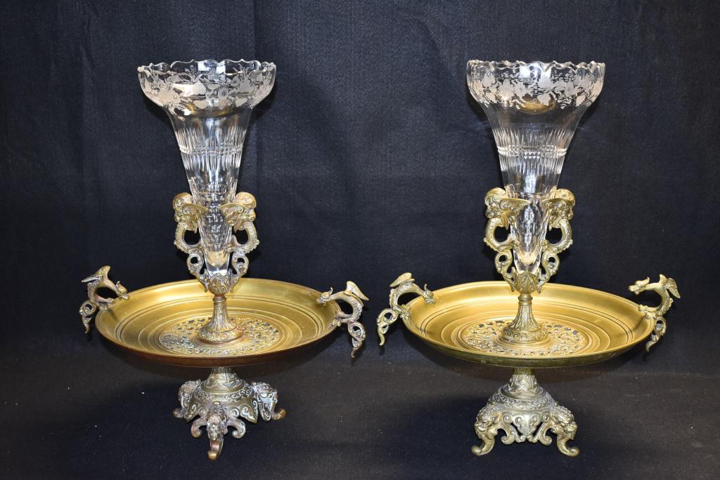 PR. ANTIQUE FRENCH STYLE GILT METAL EPERGNES: 20" TALL X 16" DIAMETER--NICE DRAGON & GRIFFIN DECORATION--BOTH EPERGNES HAVE ETCHED GLASS VASES W/ 1 VASE HAVING CHIPS TO RIM