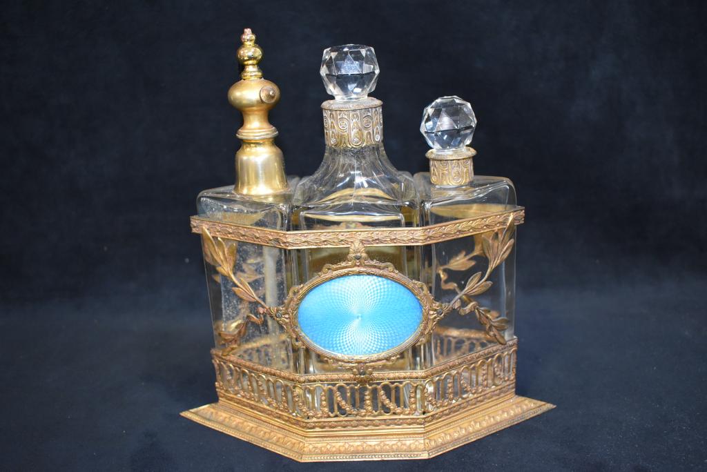 FRENCH BRONZE W/ ENAMEL PLAQUE PERFUME SET (1 of 3)