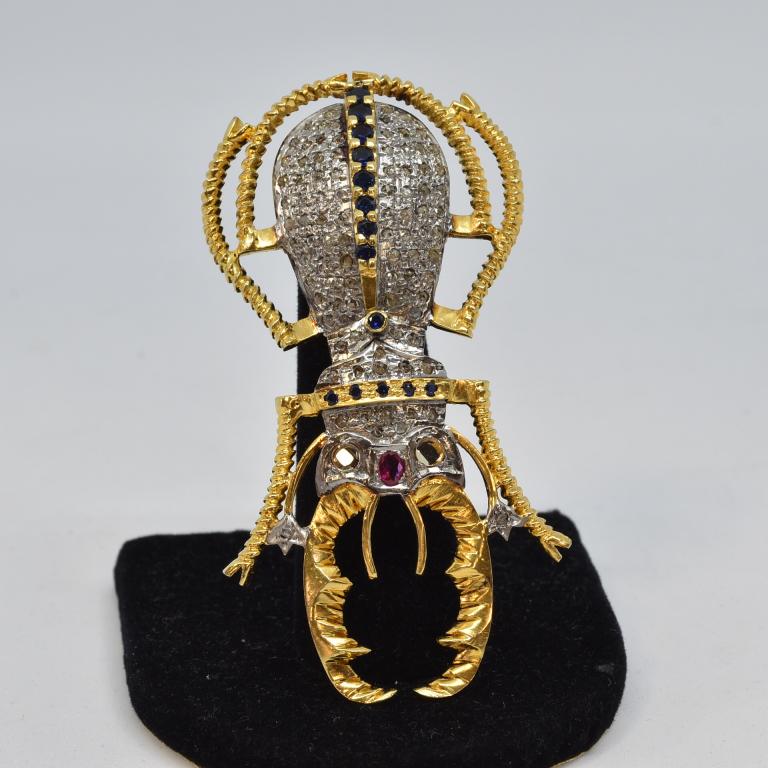 14KT GOLD, RUBY, DIAMOND, & SAPPHIRE SCARAB PIN (1 of 5)