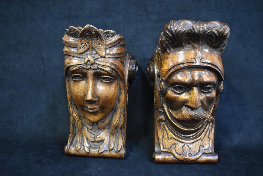 PR. WOODEN CARVED ITALIAN FIGURAL CORBELS (1 of 3)