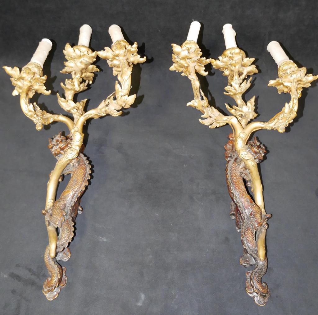 PR. 3RD REPUBLIC BRONZE DRAGON WALL SCONCES (1 of 3)