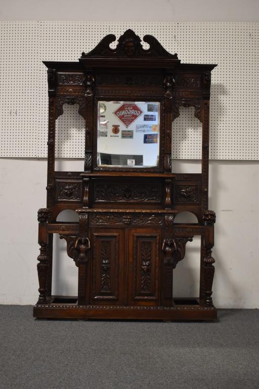 LATE 1800'S CARVED OAK HALLTREE W/ FIGURAL DEC. (1 of 5)