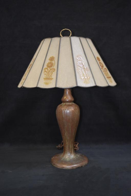 SIGNED HANDEL LAMP WITH FLORAL PANEL ETCHED SHADE (1 of 6)