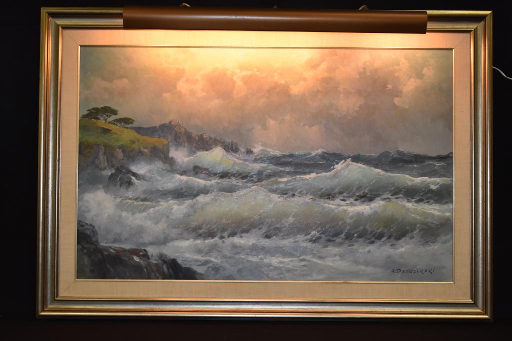 ALEXANDER DZIGURSKI SEASCAPE PAINTING: 30" X 48" OIL PAINTING ON CANVAS IN ORIGINAL ITALIAN HAND MADE FRAME. COPYRIGHT STAMP EN VERSO. SIGNED LOWER RIGHT.