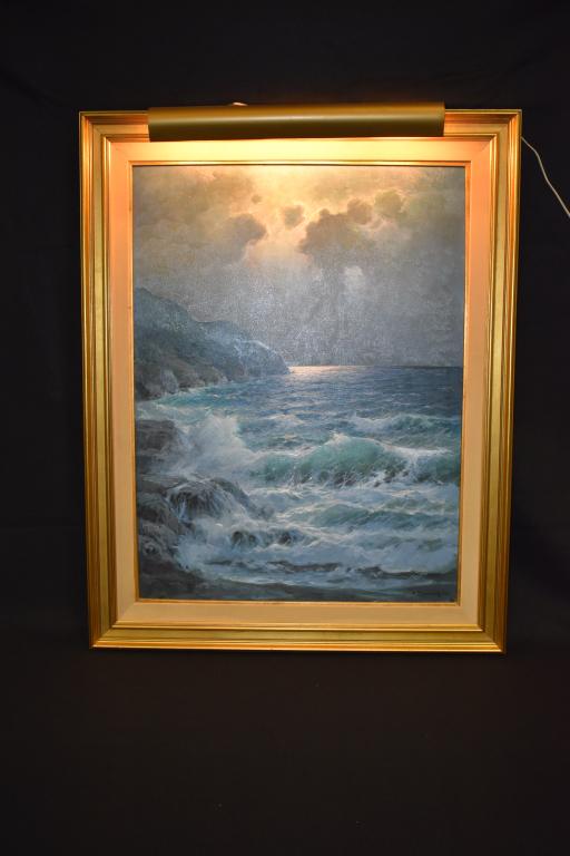 ALEXANDER DZIGURSKI "WINDSWEPT MOONLIGHT": 30" X 40" OIL ON CANVAS IN ORIGINAL FRAME, COPYRIGHT STAMP ON VERSO AS WELL AS ORIGINAL TITLE/PRICE $7600--SIGNED LOWER RIGHT.