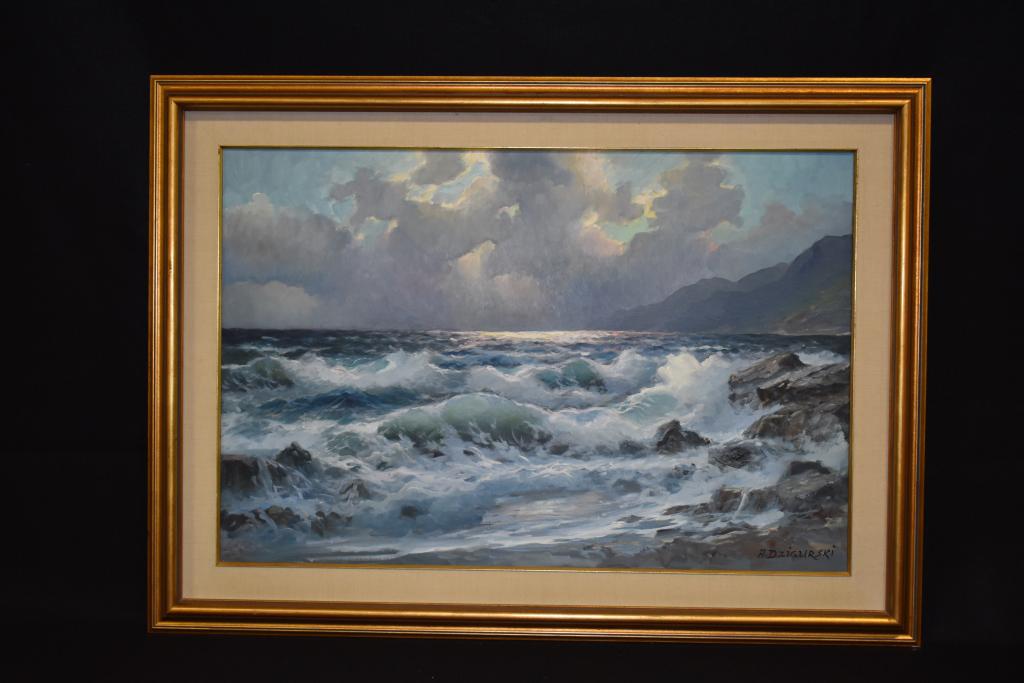 ALEXANDER DZIGURSKI EVENING SEASIDE PAINTING: 36" X 24" OIL PAINTING ON CANVAS IN ORIGINAL FRAME WITH COPYRIGHT STAMP IN VENZO AND SIGNTED LOWER RIGHT FRONT.
