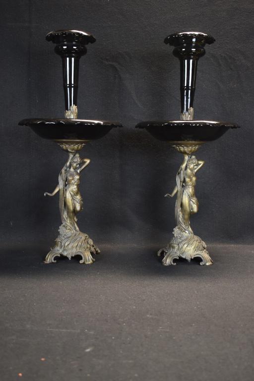 PR GILT METAL AND AMETHYST GLASS FIGURAL EPERGNES: APPROX 24" TALL AND 11" DIAMETER AT WIDEST