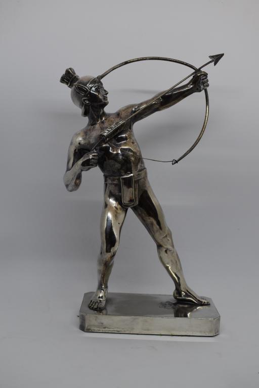 SILVER GILT MALE ARCHER STATUE: 10 3/4" TALL X 7" WIDE--SOME DAMAGE TO SILVER ON BASE--UNSIGNED