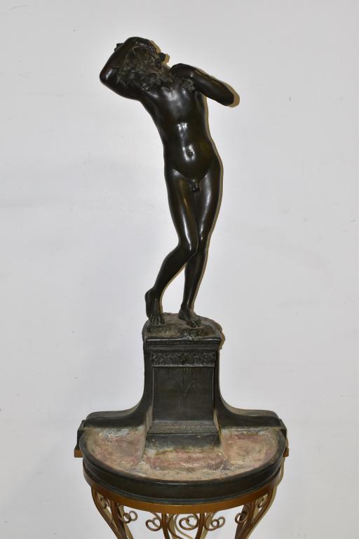 HENRI LEON GREBER FRENCH NARCISSE BRONZE STATUE: STATUE IS 47" TALL X 24" WIDE X 17" DEEP--OVERALL HEIGHT W/ STAND IS 66"--BRONZE MALE NUDE BIRD BATH ON IRON STAND SIGNED LOWER RIGHT H. GREBER PARIS--ALSO MARKED SIOT FONDEUR PARIS