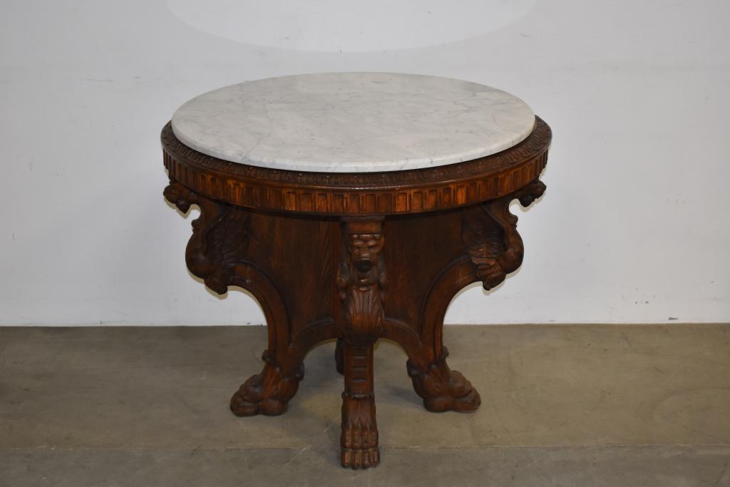 1900'S ROUND OAK PARLOR TABLE W/ TRIPLE LION BASE (1 of 3)