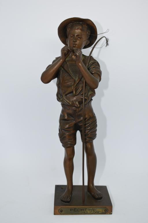 ADOLPHE JEAN LAVERGNE FRENCH FISHERMAN BRONZE: 11 1/2" TALL X 3 1/2" WIDE--MISSING SMALL PIECE ON BASE (SEE PHOTOS)--SIGNED ON SIDE